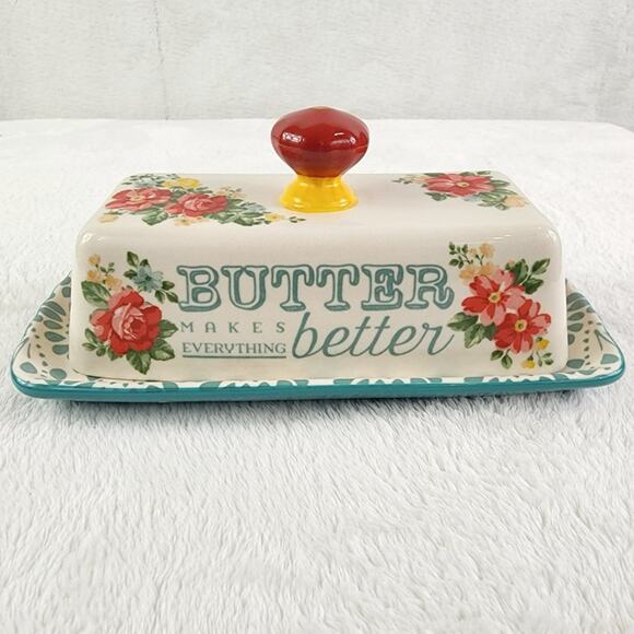 The Pioneer Woman Butter Dish "Butter Makes Everything Better" Floral Ceramic - Picture 2 of 10
